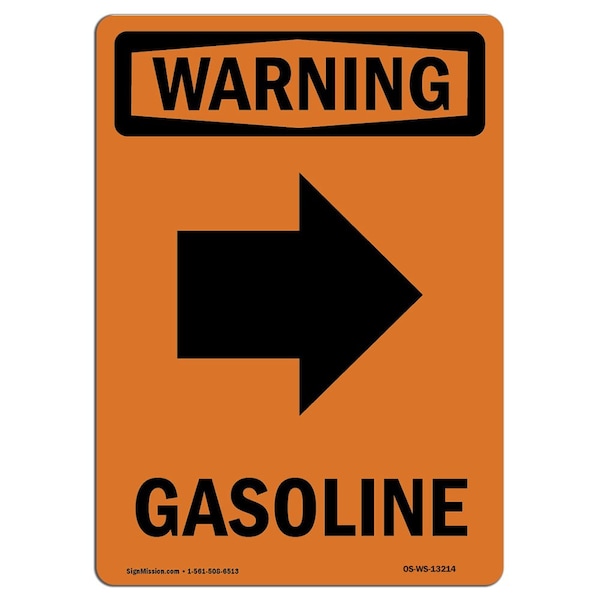 Safety Sign, OSHA WARNING, 5" Height, Gasoline (Right Arrow), Portrait, 10PK
